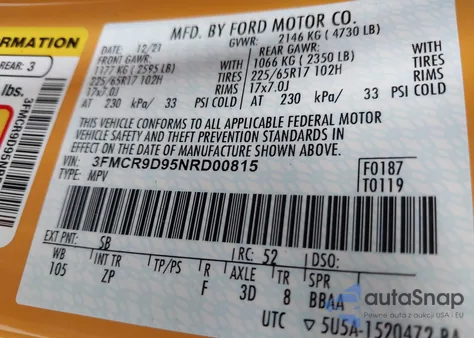 2022 Ford Bronco Sport Badlands из США, поврежденный, VIN 3FMCR9D95NRD00815